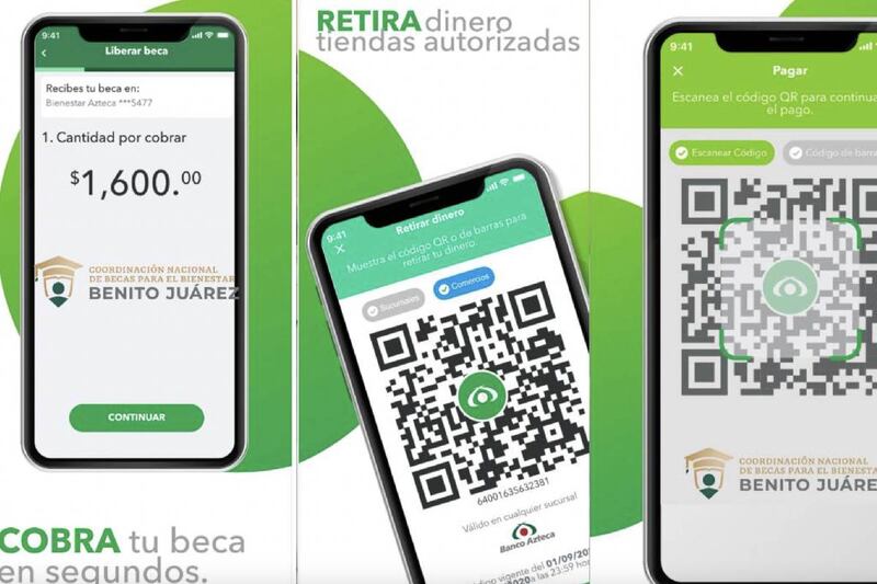 Celulares mostrando códigos QR para cobrar la Beca Benito Juárez.