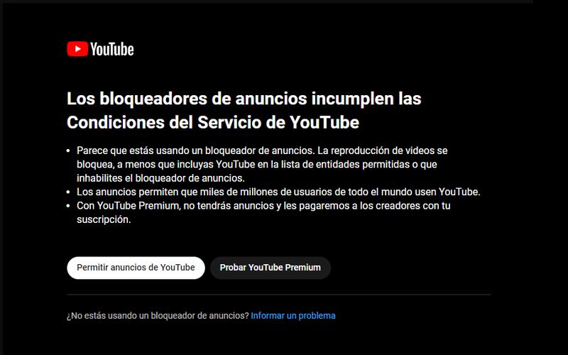 Bloqueo a bloqueador de anuncios youtube.