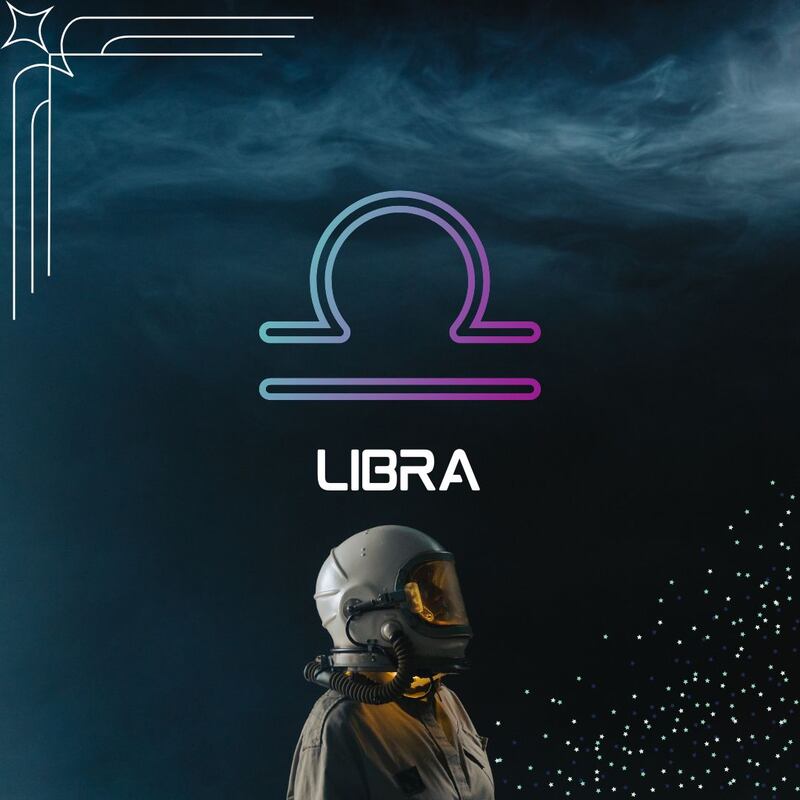 Sobre un fondo oscuro, con humo en la parte superior, aparece el símbolo de Libra. Al centro aparece el nombre del signo en color blanco y todavía más abajo, un astronauta está mirando hacia la derecha.