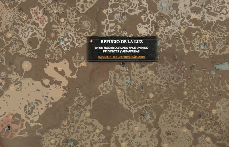 Mapa de Diablo 4 con la ubicación de la mazmorra "Refugios de la luz" en Hawezar marcada.