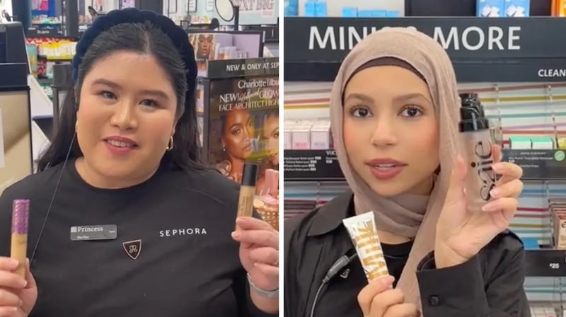 Dos mujeres vestidas de negro haciendo un clip sobre maquillaje.