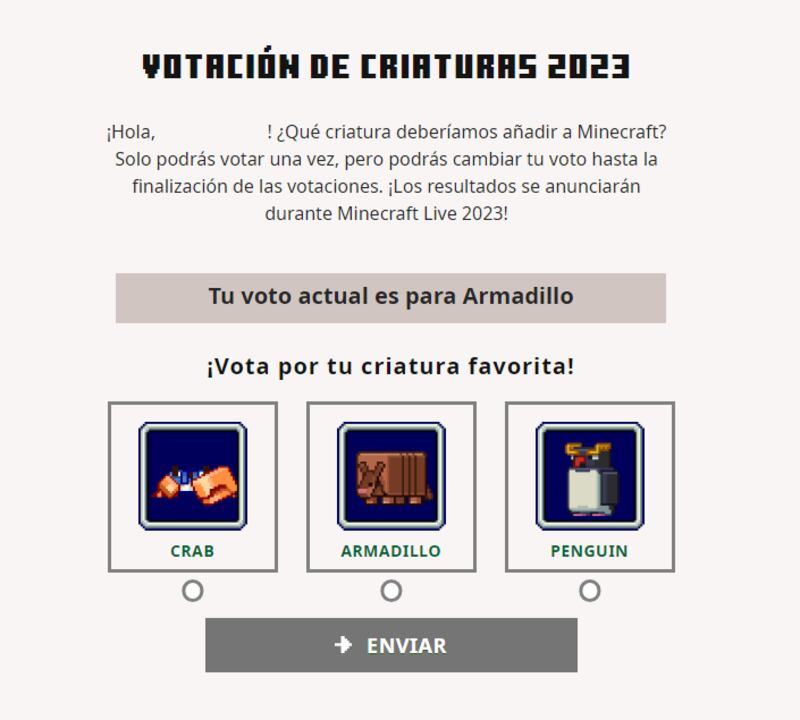 Votación Minecraft 2023 entre el cangrejo, el armadillo y el pingüino.