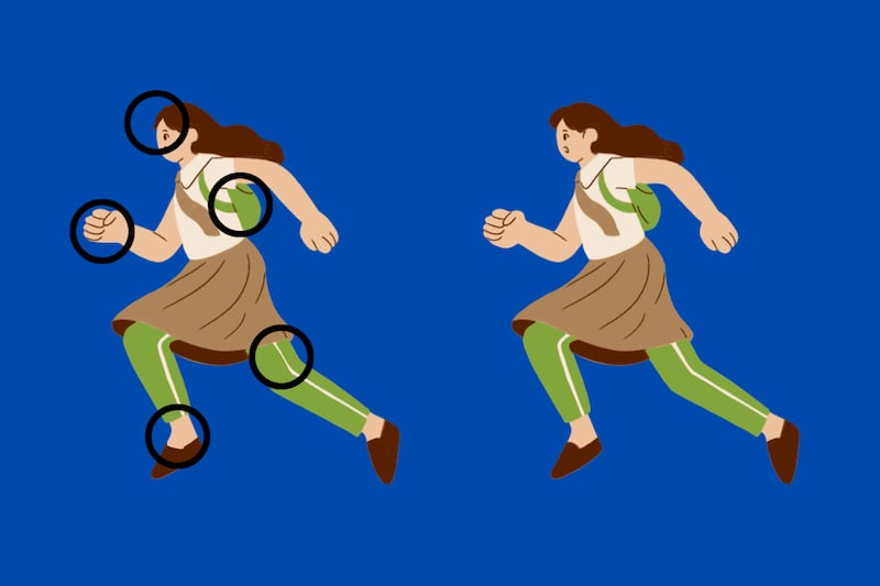 Dos mujeres corriendo. Parecen iguales, pero tienen cinco diferencias entre ellas, las que están señaladas con círculos negros.