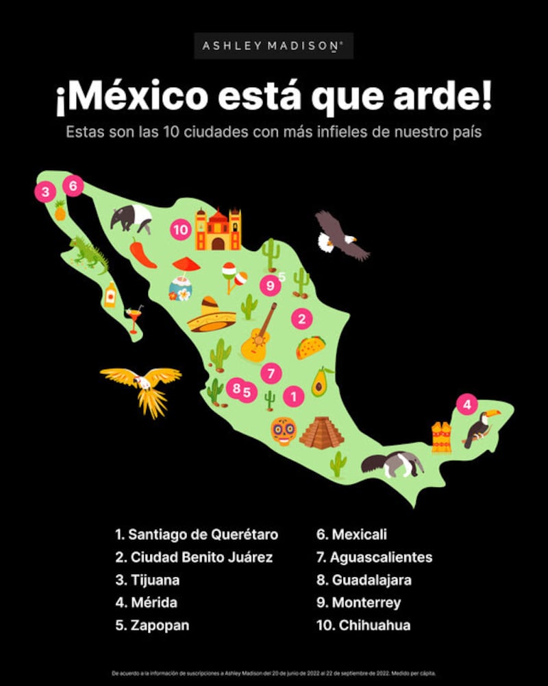 mapa con las ciudades con mayor número de infieles.