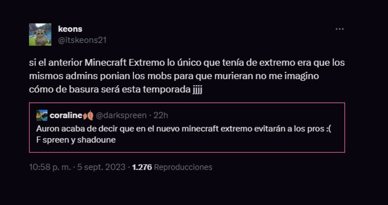 Usuarios en X (Twitter) criticando que no hayan tryhards en Minecraft Extremo 2.