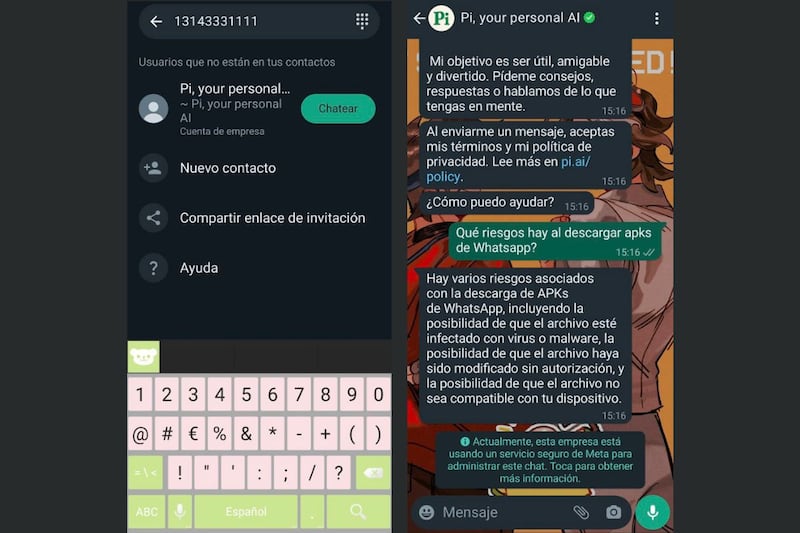 Conversación por WhatsApp con Pi, tu asistente virtual.